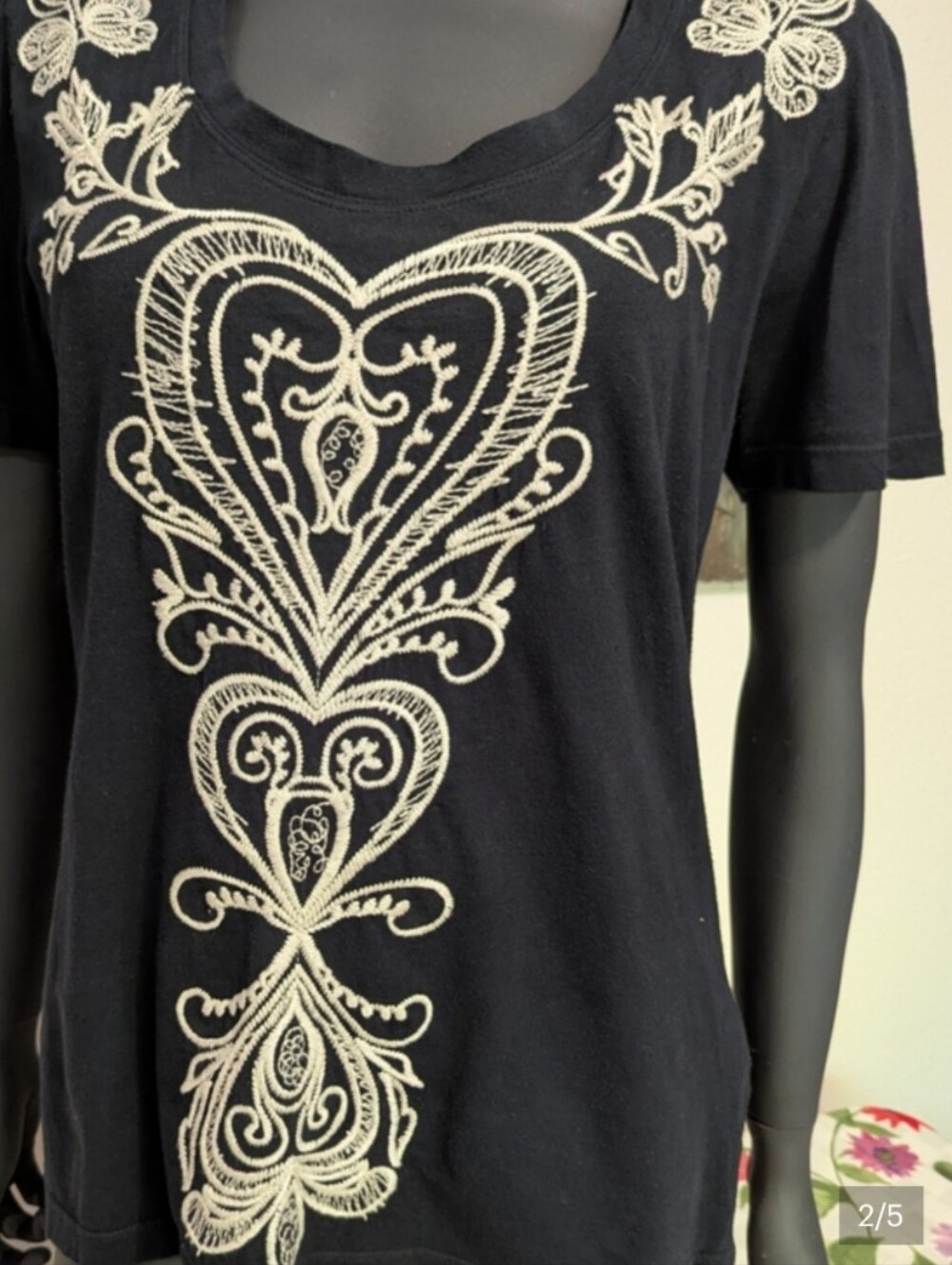 Johnny Was Black and Ivory Short Sleeve Tee with Embroidered Label